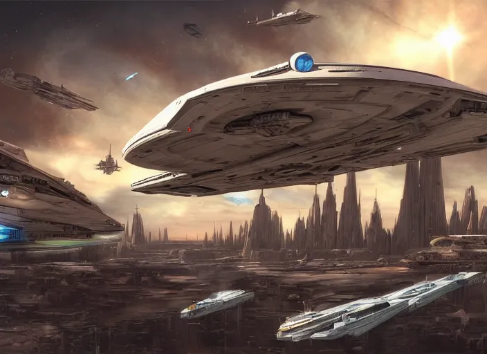 Image similar to a large spaceship seen from the surface of a busy metropolis, star wars digital art