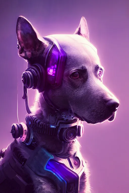 Image similar to a beautiful portrait of a cute cyberpunk dog by greg rutkowski and wlop, purple blue color scheme, high key lighting, volumetric light, digital art, highly detailed, fine detail, intricate, ornate, complex, octane render, unreal engine, photorealistic