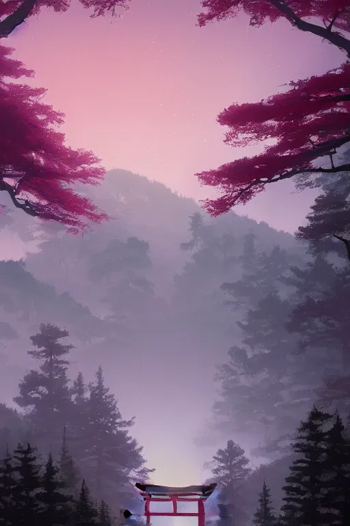 Image similar to Japanese Torii in the center of the picture , torii in a moutain with trees ,night , by Grzegorz Rutkowski, concept art, pink scheme