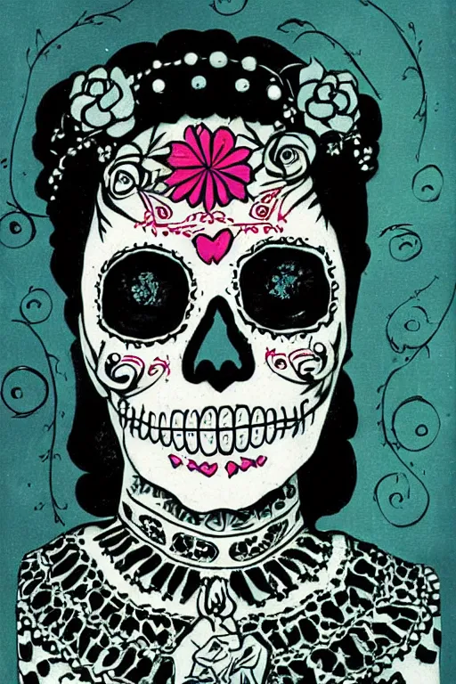 Prompt: Illustration of a sugar skull day of the dead girl, art by jack gaughan