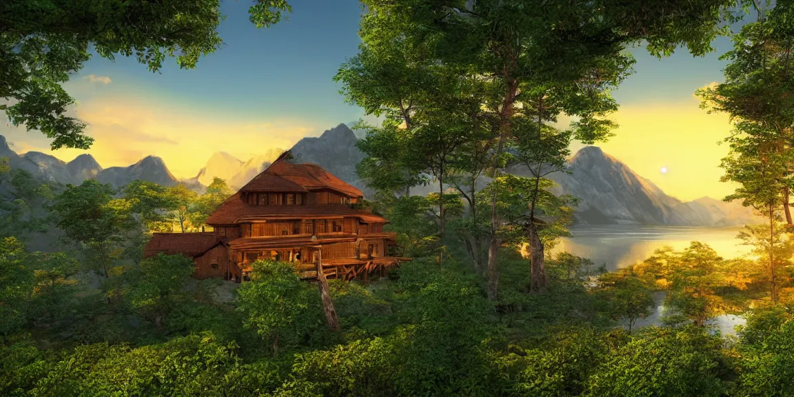 Image similar to a serene mountain landscape with a singular building near a lake at sunset anime style 8k low saturation high quality high detail cartoon