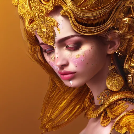 Prompt: wonderful princess made of gold, beautiful face, hyper detailed, flowing psychadelic background intricate and detailed, ornate 8 k gorgeous intricate detailed, octane render