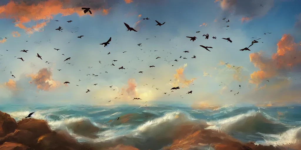 Image similar to painterly concept art landscape with birds flying above the ocean