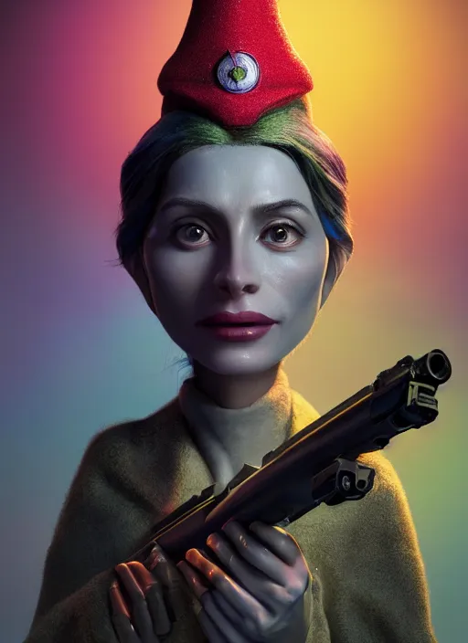 Image similar to an anthropomorphic beautiful female scientist portrait holding a science fiction sniper rifle wearing colourful robe, fine art, award winning, intricate, elegant, sharp focus, octane render, hyperrealistic, wizard hat cinematic lighting, highly detailed, digital painting, 8 k concept art, art by jamie hewlett and z. w. gu, masterpiece, trending on artstation, 8 k