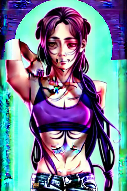 Prompt: a portrait of dilraba dilmurat as revy from black lagoon, smirk, black tank top, jean shorts, brown eyes, purple hair, tribal tattoo sleeve right arm, symmetrical eyes, symmetrical face, art by lois van baarle and loish and ross tran and rossdraws and sam yang and samdoesarts and artgerm