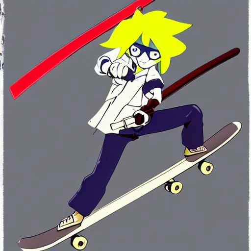 Prompt: skater character with katana in hands, cartoon stylised proportions by hiroyuki imaishi gainax studio trigger and yoh yoshinari animation art