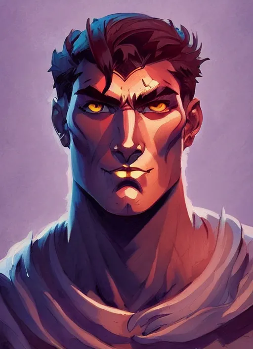 Prompt: warrior with a chiseled jaw and a stoic look on his face, heroic, glorious, in the style of artgerm, gerald brom, atey ghailan and mike mignola, vibrant colors and hard shadows and strong rim light, plain background, comic cover art, trending on artstation
