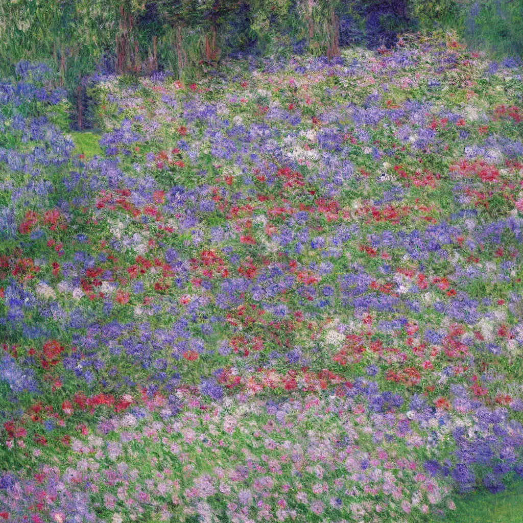 Image similar to a gorgeous garden on the edge of a cliff filled with beautiful flowers of blue and violet and pink from all around the world, monet