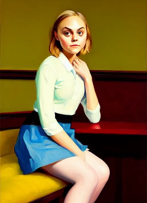 Image similar to oil painting of annasophia robb in a learning uniform, stockings, teaching you a lesson by Bryan Lee O'Malley, Edward Hopper, Francis Bacon