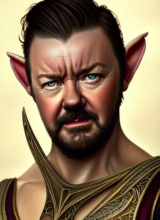 Prompt: portrait of ricky gervais as an elf, d & d, muscular! fantasy, intricate, elegant, highly detailed, digital painting, artstation, concept art, smooth, sharp focus, illustration, art by artgerm and greg rutkowski and alphonse mucha