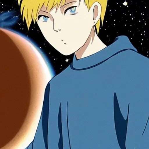 Image similar to Spirited away dark blonde guy with blue eyes in space