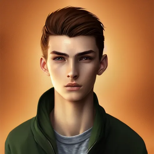 Image similar to teenage boy with brown blond short quiff hair and thin slightly round facial structure with cleft chin and bumpy nose with good definition of cheekbones and Alert brown eyes, narrow face, slim body, atmospheric lighting, painted, intricate, 4k, highly detailed by Charlie Bowater