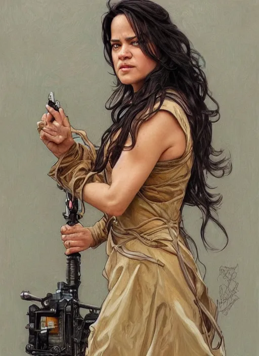 Image similar to Michelle Rodriguez as feisty latino woman wearing coat, portrait, intricate, elegant, highly detailed, centered, digital painting, artstation, concept art, smooth, sharp focus, illustration, art by artgerm and donato giancola and alphonse mucha