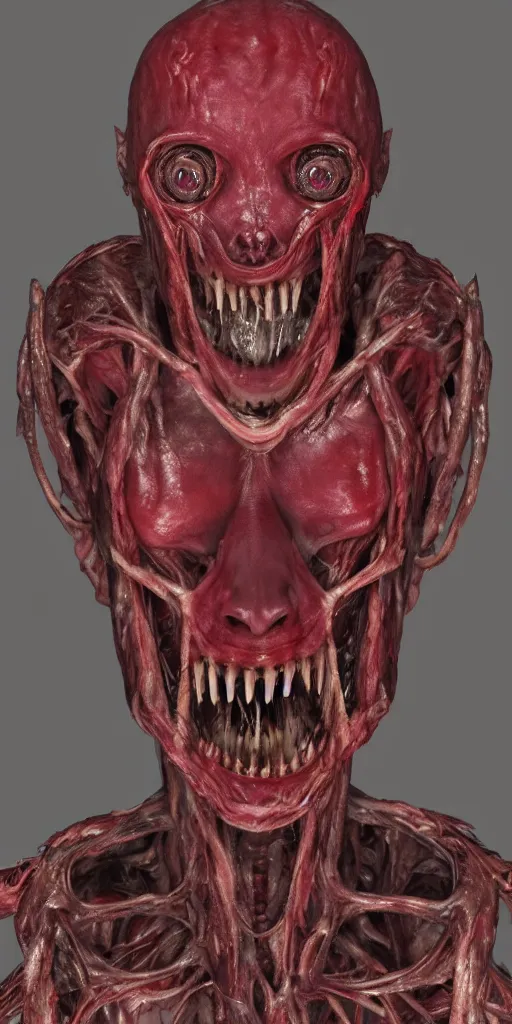 Image similar to smiling photorealistic ultra detailed humanoid creature made of decomposed bloody flesh and bones and fur, extremly detailed, 8 k, realistic, sharp focus, cosmic horror creature, cosmic horror, from the movie the thing, mysterious creature, bloody eyes, big eyes