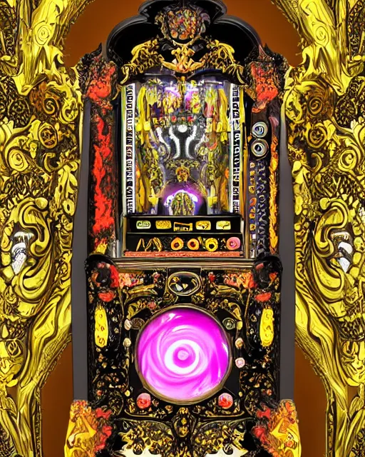 Image similar to baroque rococo-style bedazzled gothic royalty frames surrounding an slots pinball machine of pixelsort energy drink made out of glowing ooze, radioactive candy worms, and fairy magick.