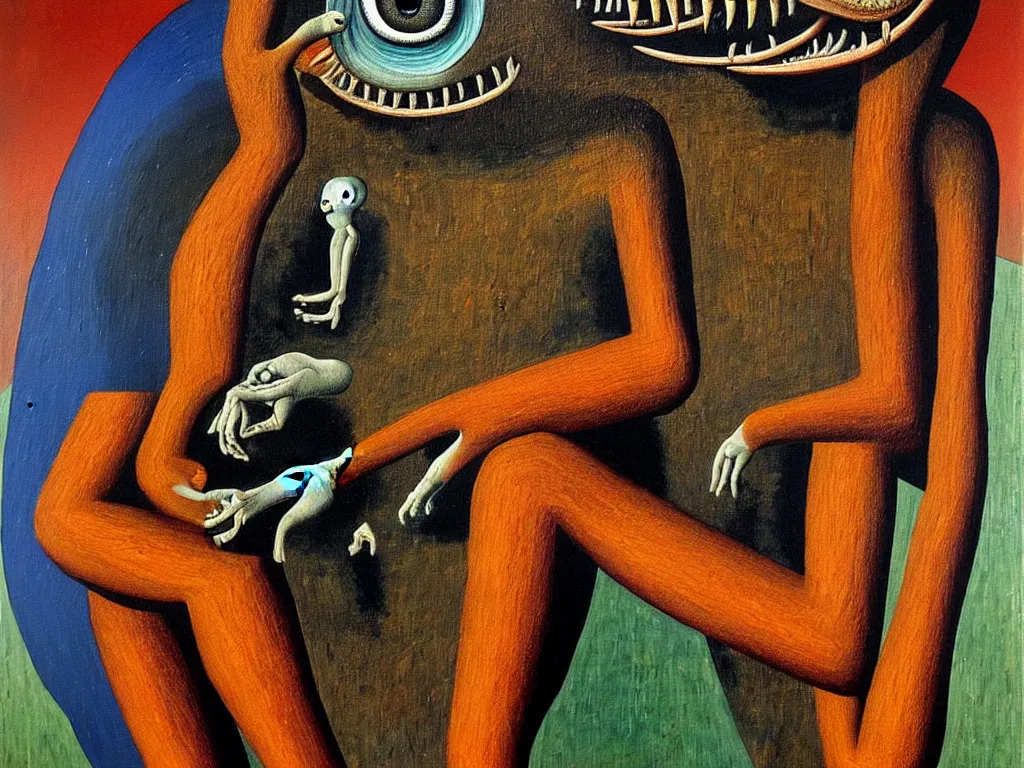 Image similar to a painting of a hominid with a hand face with a centered eye, mouth with sharp teeth centered on the belly, legs that melt into a foresthighly detailed, 4 k, art by max ernst