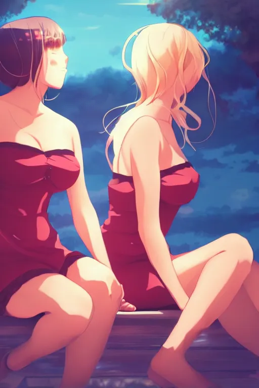 Image similar to two beautiful mothers sitting on a hot summer evening, gorgeous faces, thick lines, cinematic lighting, detailed anime art