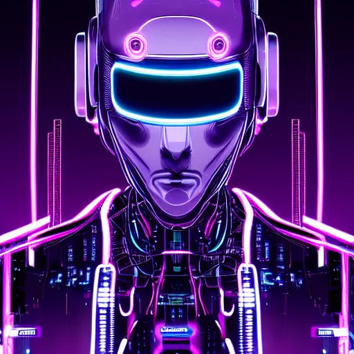 Image similar to Head of a robot with purple glowing eyes in cyberpunk neon Tokyo in style of Tsutomu Nihei. Cyberpunk, vertical symmetry, 8K, Highly Detailed, Intricate.