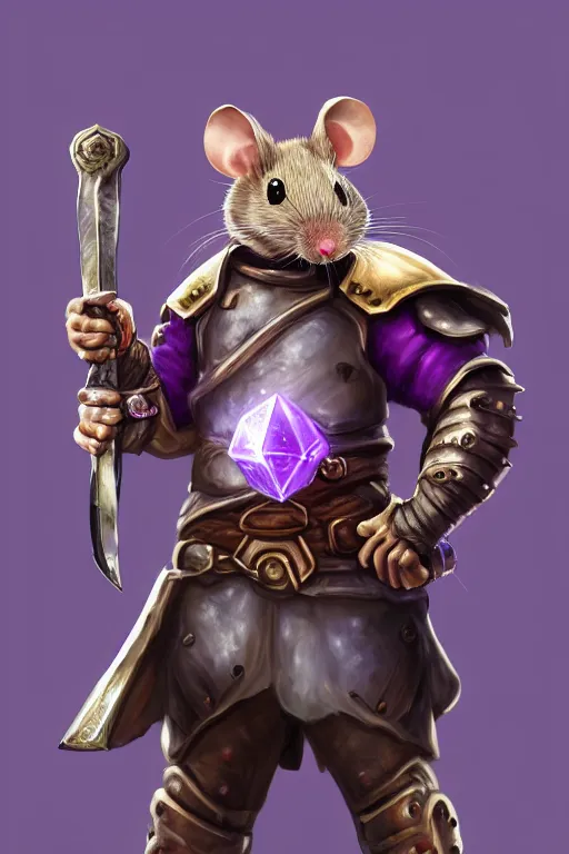 Image similar to armored mouse warrior holding a sword in one hand and reaching for a floating purple crystal with the other, trending on Artstation, rpg portrait, 8k, uhd