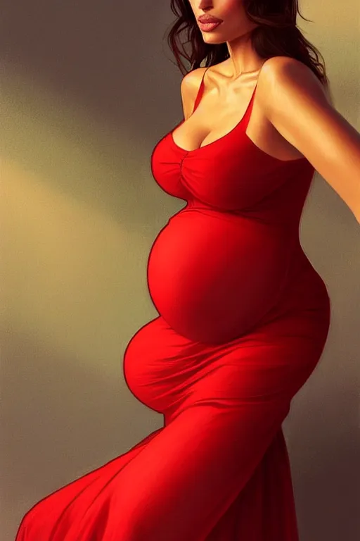 Image similar to pregnant eva mendes in a red dress, realistic portrait, symmetrical, highly detailed, digital painting, artstation, concept art, smooth, sharp focus, illustration, cinematic lighting, art by artgerm and greg rutkowski and alphonse mucha