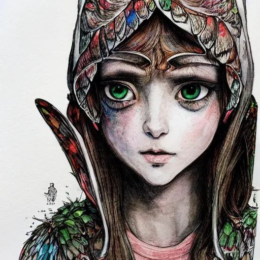 Image similar to portrait of a fairy girl, wearing a hoodie and sweatpants, symmetrical wings, wings made of pizza, basic white background, symmetrical, watercolor, pen and ink, intricate line drawings, by Yoshitaka Amano, Ruan Jia, Kentaro Miura, Artgerm, detailed, trending on artstation, hd, masterpiece,