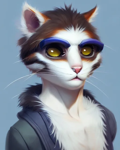 Image similar to character concept art of a young male anthropomorphic furry cat | | cute - fine - face, pretty face, key visual, realistic shaded perfect face, fine details by stanley artgerm lau, wlop, rossdraws, james jean, andrei riabovitchev, marc simonetti, and sakimichan, trending on artstation