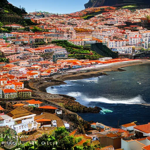 Image similar to madeira island, funchal, the bay, very very wide shot, photo - realism, cinematic shot. photography