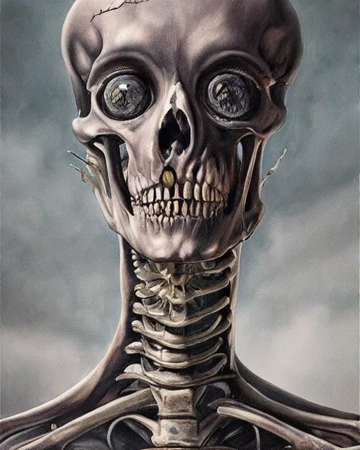 Prompt: Haunting horrifying hyperrealistic detailed painting of a tall slim surreal extraterrestrial creature made of skeleton bones covered in thick black blood, heavy metal, metal album cover, disgusting, creepy, unsettling, and bloodshot eyeballs, hyper detailed, trending on Artstation