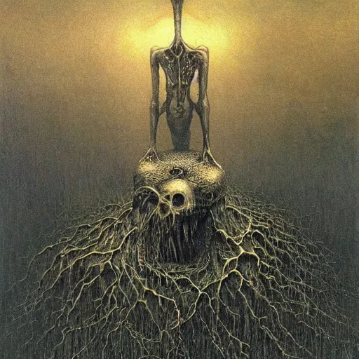 Prompt: the end beksinski, eldritch, apocalypse, creepy creature, horror spooky