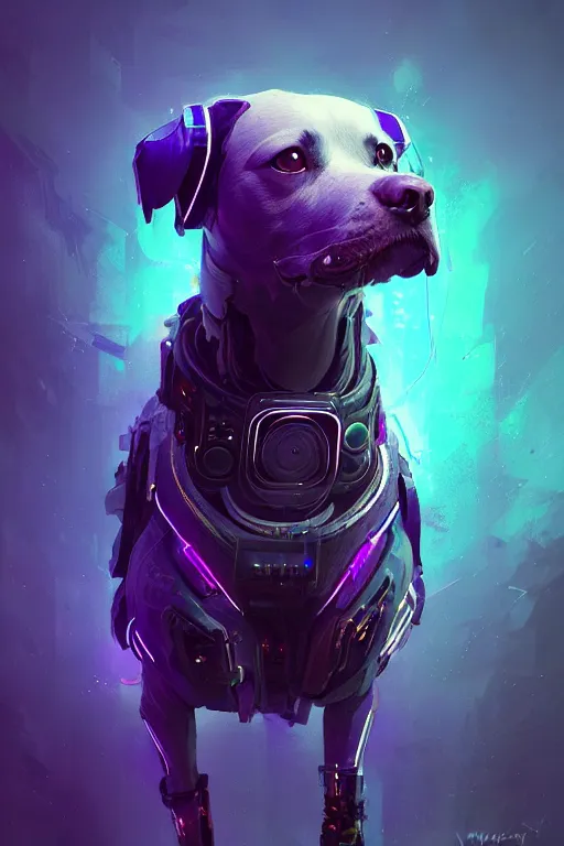 Image similar to a beautiful portrait of a cute cyberpunk dog by greg rutkowski and wlop, purple blue color scheme, high key lighting, volumetric light, digital art, highly detailed, fine detail, intricate, ornate, complex, octane render, unreal engine, photorealistic