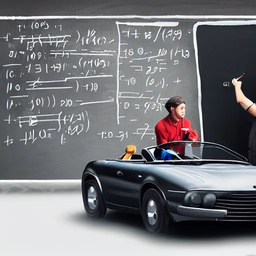 Image similar to a photo of Two car technicians fixing a futuristic car in a futuristic workshop , a blackboard covered with mathematical equations in the background, photo realistic, extremely detailed