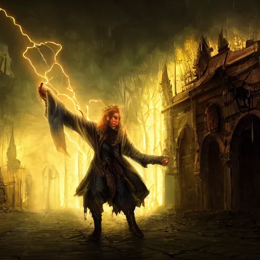 Image similar to a powerful sorcerer bringing lighting down upon a fantastical dark town, fantasy, highly detailed, painting, 4k, dramatic lighting