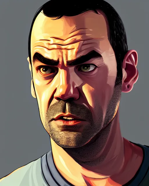 Image similar to painting portrait of trevor from gta 5, cartoon, warm lighting. movie poster, illustration by bartek fedyczak, erak note, tooth wu, neil richards, kan liu, siwoo kim, jisu choe, trending on art station