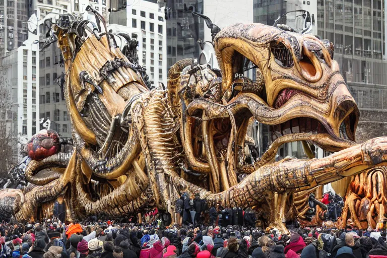 Prompt: photo of giant parade float designed by hr giger in the macys thanksgiving parade, detailed 4 k photo