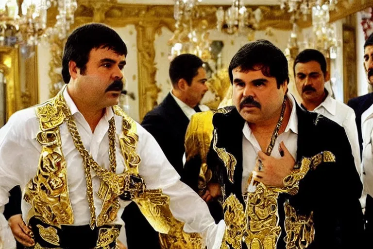 Image similar to el chapo is a genie standing in the middle of a grandiose mexican mansion. everything is made out of gold. el chapo is sipping on wine. the mansion is incredible and ornate. chapo has a clockwork chain. there are princesses and queens everywhere around him, lovely scene of a genie being a pimp