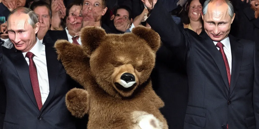 Prompt: vladimir putin disco dancing with a bear