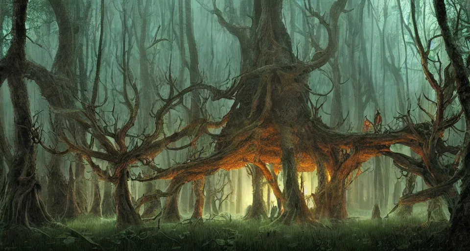 Prompt: A dense and dark enchanted forest with a swamp, by Marc Simonetti