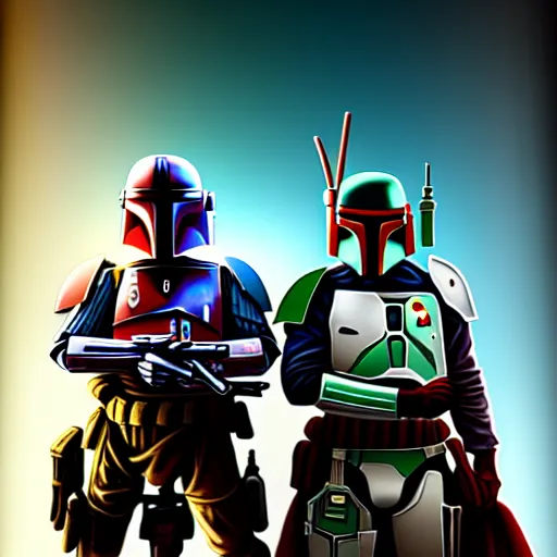 Image similar to boba fett and mandalorian standing proudly shoulder to shoulder ultra realistic, lens flare, atmosphere, glow, detailed, intricate, full of colour, cinematic lighting, trending on artstation, 4 k, hyperrealistic, focused, extreme details, unreal engine 5, cinematic, masterpiece, ultra realistic, hyper realistic, highly detailed, sharp focus, digital art