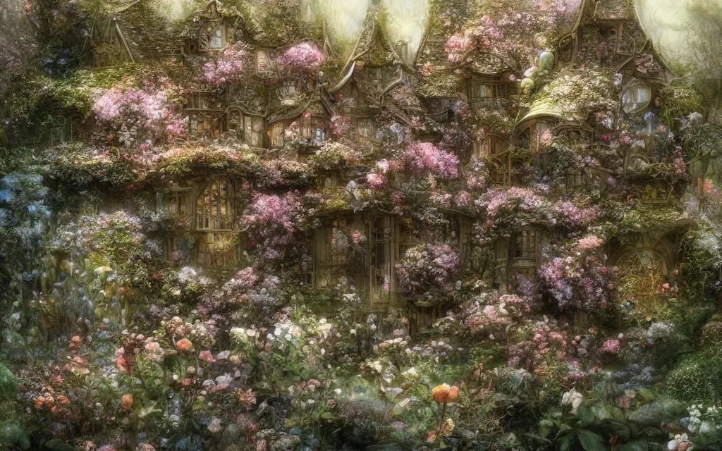 Prompt: a beautiful house in a garden, brian froud, yoshitaka amano, kim keever, victo ngai, james jean