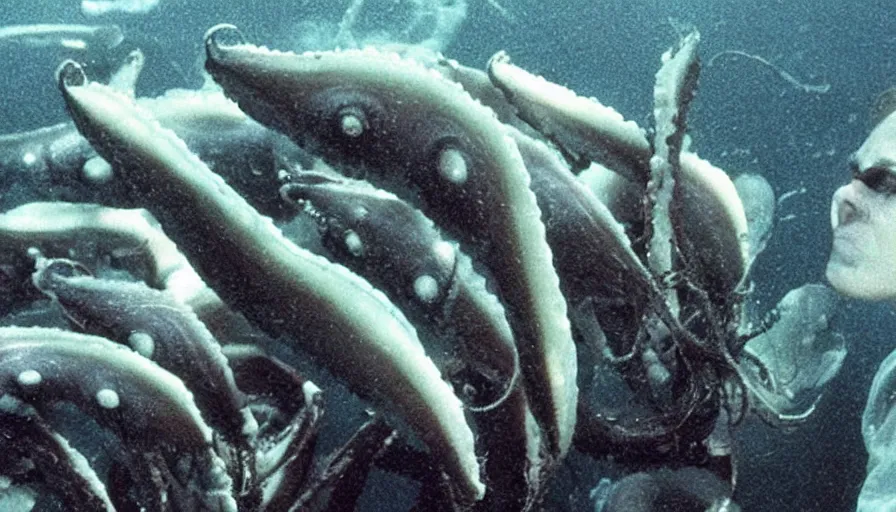 Image similar to Big budget horror movie, scientist looks at squid