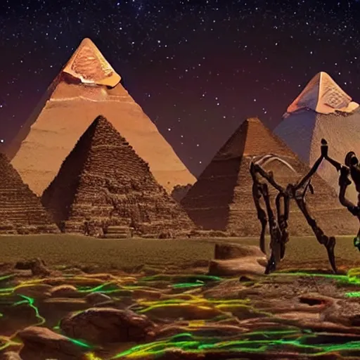 Image similar to ultrarealistic cgi aliens in a meeting of the galactic federation 1 5 0 0 0 years ago before matrix installation. realistic futuristic background unreal engine hyperdetailed photorealistik patterned robes. ancient pyramids with sacred geometry glowing scenery background in the style of android jones