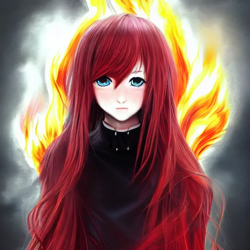 Prompt: advanced digital portrait painting photograph, a teenage anime girl wearing a dress made of fire , full body, very long black and red hair, silver eyes, full round face, intense stare, cinematic lighting, medium shot, MCU, highly detailed, trending on artstation, CSP, Photoshop, WLOP, Rossdraws, James Jean, Andrei Riabovitchev, Marc Simonetti, Anastasia Ovchinnikova and Sakimichan