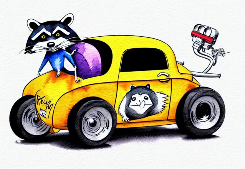 Image similar to cute and funny, racoon riding in a tiny hot rod coupe with oversized engine, ratfink style by ed roth, centered award winning watercolor pen illustration, isometric illustration by chihiro iwasaki, edited by range murata, third person view