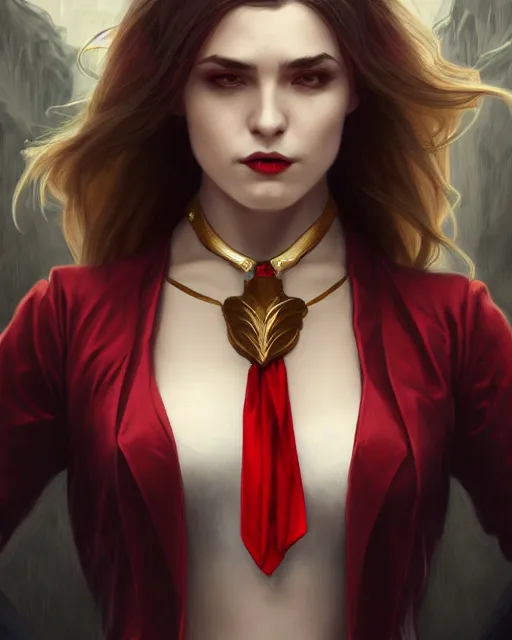 Image similar to female vampire, perfect face, gold waistcoat, red shirt, long grey hair, red necktie, cinematic, stunning, highly detailed, digital painting, artstation, smooth, hard focus, full body shot, illustration, art by artgerm and greg rutkowski and alphonse mucha