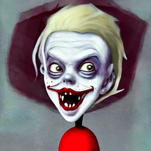 Image similar to grunge painting of a billie eilish with a wide smile and a red balloon by tim burton, loony toons style, pennywise style, corpse bride style, rick and morty style, creepy lighting, horror theme, detailed, elegant, intricate, conceptual