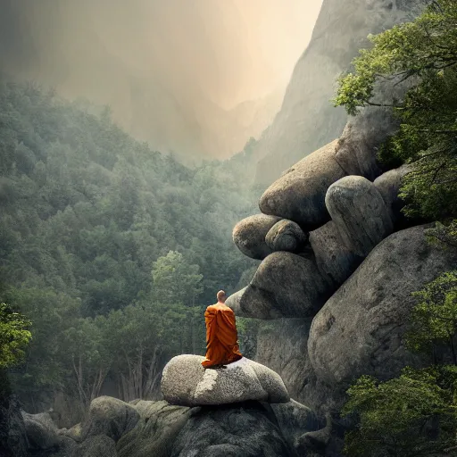 Image similar to a close up of a monk floating above a large rock in the mountains with trees in the background. highly detailed beautiful digital wallpaper art, 4 k, cinematic composition