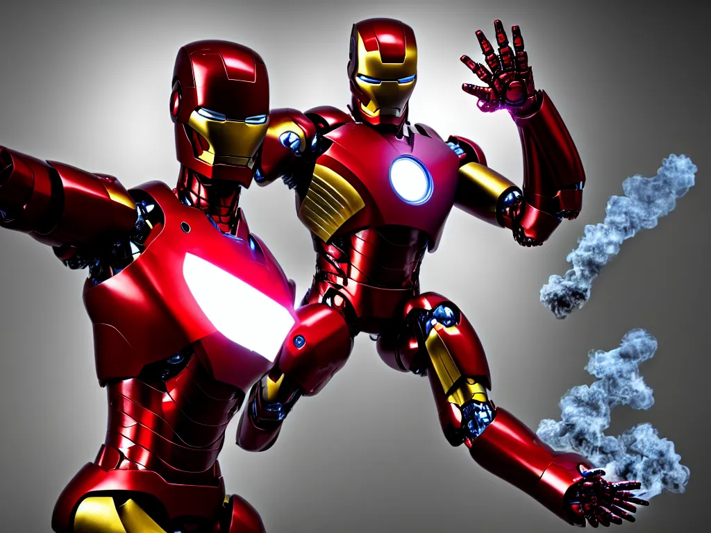 Prompt: robocop in a battle with iron man, smoke, fi, chrome, shiny, reflective, metallic, 3 d render, realistic, hdr, stan winston studios, dramatic lighting, flame colors bright,