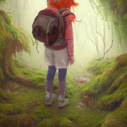 Prompt: detailed painterly portrait of a red - haired explorer girl kid with a backpack and a map, in the deep tangled, mossy, misty forest, lit by sunbeams, by loish, unreal 5