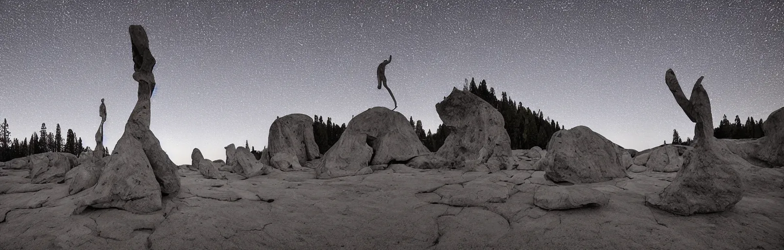 Image similar to to fathom hell or soar angelic, just take a pinch of psychedelic, medium format photograph of two colossal minimalistic necktie sculpture installations by antony gormley and anthony caro in yosemite national park, made from iron, marble, and limestone, granite peaks visible in the background, taken in the night