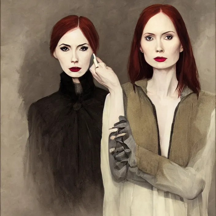 Image similar to a portrait of karen gillan, slight smile, dramatic, dark background, by albert edelfelt, by lauren brevner, by lizzie riches